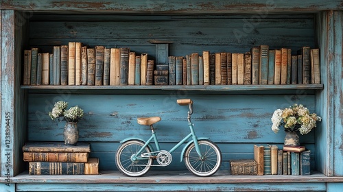 Vintage books, bicycle, flowers in rustic blue shelf.