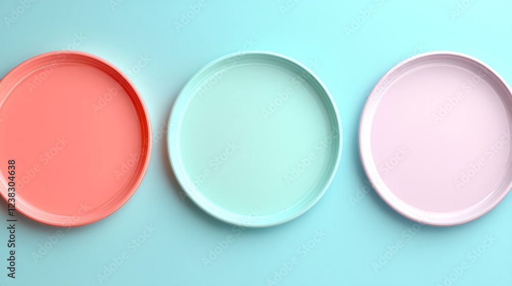 Stylish Set of Three Colorful Plates on a Soft Blue Background for Contemporary Dining Decor Stylish Set of Three Colorful Plates on a Soft Blue Background for Contemporary Dining Decor