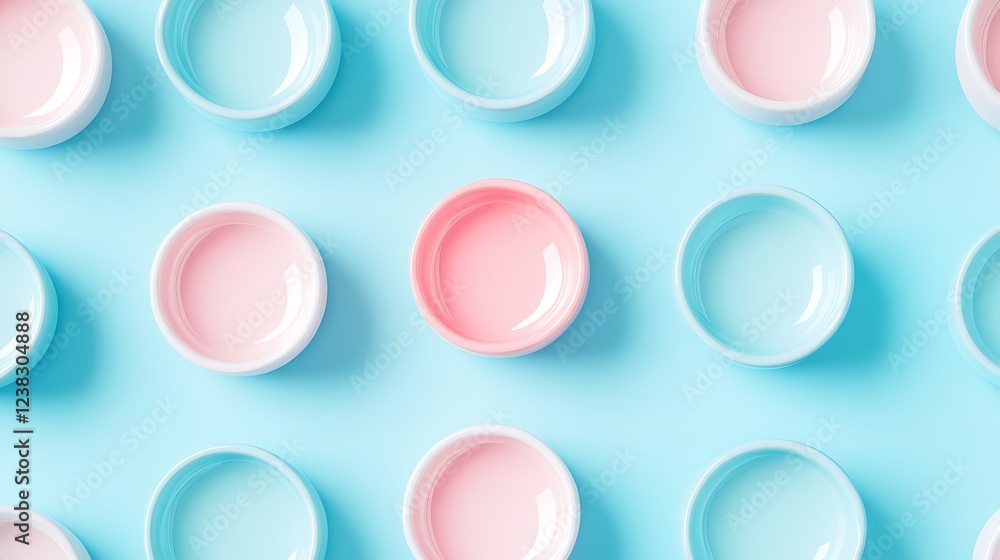 Top View of Round Ceramic Bowls in Pink and Blue Arranged on a Light Blue Background Top View of Round Ceramic Bowls in Pink and Blue Arranged on a Light Blue Background