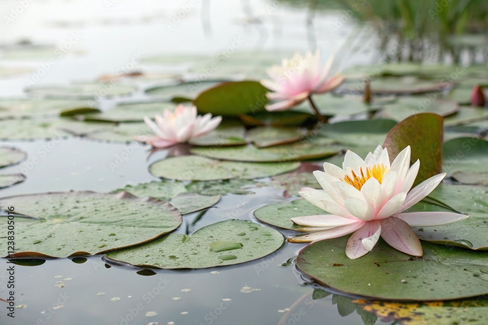 Softly glowing water lily pads on a serene white background of watercolor paper, aquatic, flowers, greenery Softly glowing water lily pads on a serene white background of watercolor paper, aquatic, flowers, greenery
