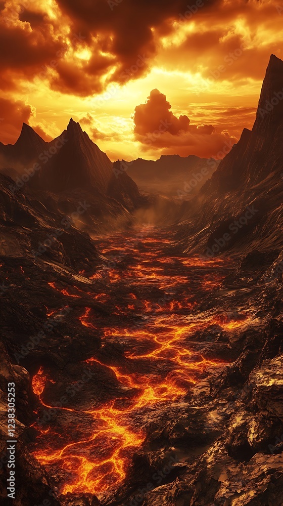 Fototapeta premium volcanic land glowing with intense molten lava flow image