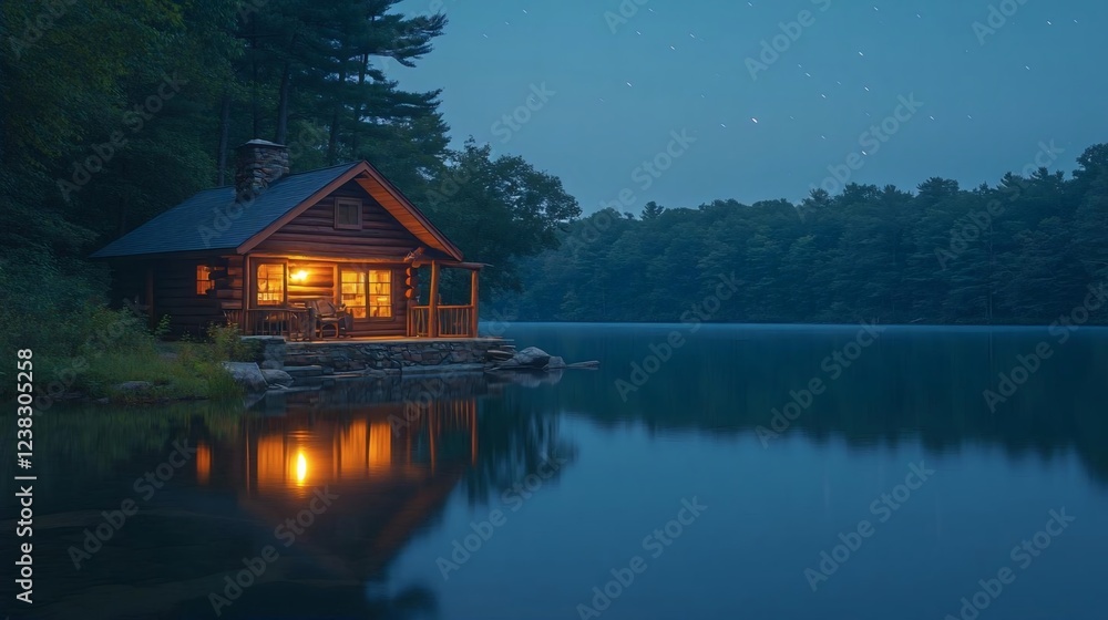 Fototapeta premium Lakeside Log Cabin: Serene Nighttime View