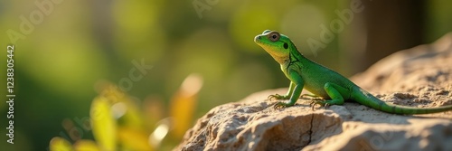 Small, green lizard basks in warm sunlight on a rocky outcropping, reptile species, basking, Madeiran lizard photo