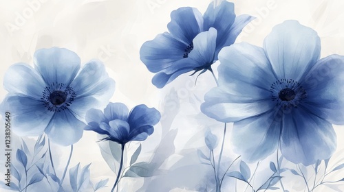 5.A detailed vector representation of blue flowers painted in watercolor, focusing on a variety of blooms in different stages of growth. The flowers are painted in layers of blue hues, from light