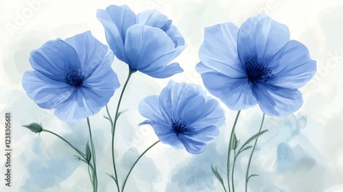 5.A detailed vector representation of blue flowers painted in watercolor, focusing on a variety of blooms in different stages of growth. The flowers are painted in layers of blue hues, from light