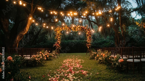 90.A dreamy outdoor wedding ceremony set in a lush garden, where flowers bloom vibrantly in the background. The ceremony area is illuminated by warm, glowing string lights hanging from tree branches,