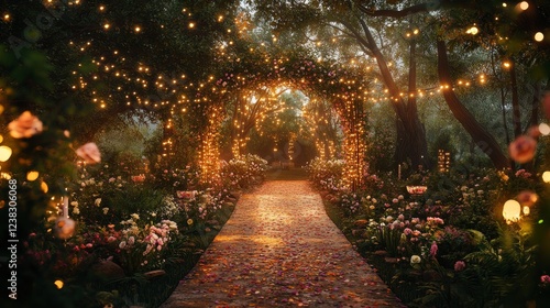 90.A dreamy outdoor wedding ceremony set in a lush garden, where flowers bloom vibrantly in the background. The ceremony area is illuminated by warm, glowing string lights hanging from tree branches,
