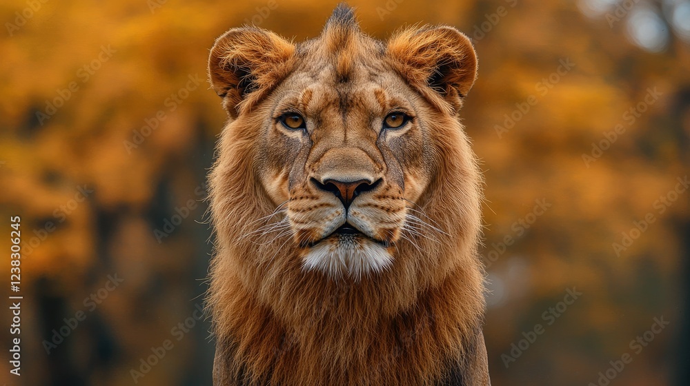 Fototapeta premium Majestic African Lion Against Autumnal Background