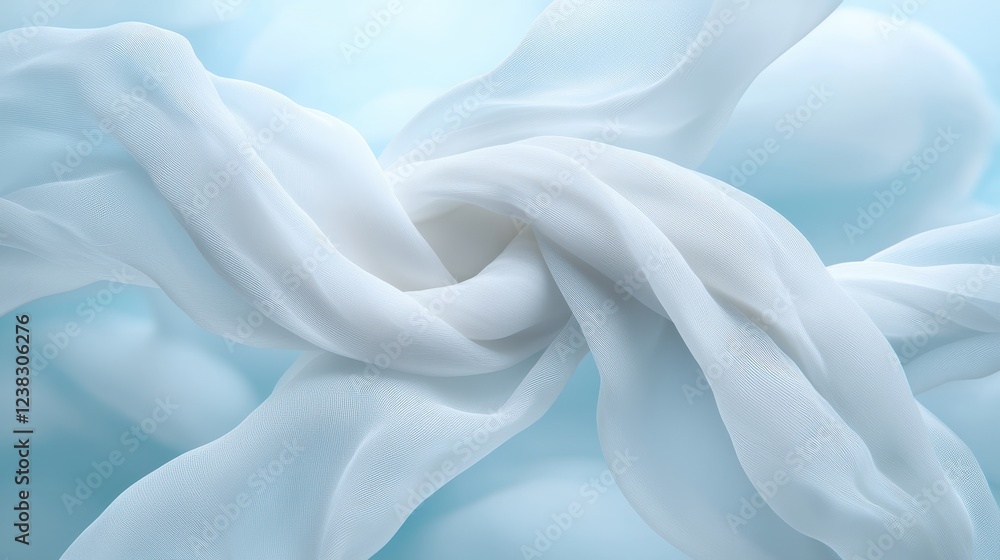 Obraz premium A delicate, flowing white fabric drapes gracefully, creating soft textures against a serene blue background.