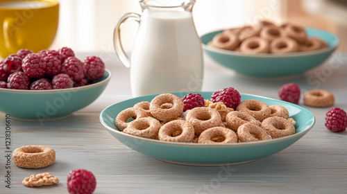 A delicious breakfast spread featuring cereal rings, fresh raspberries, and a glass of milk, perfect for a nutritious start to the day. photo