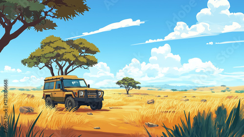 Safari offroader parked under an acacia tree in savanna with golden grass, scattered rocks, and a blue sky with white clouds photo