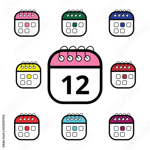 Collection of colorful calendar icons for websites and graphic resources, Calendar icon with specific day marked, day 12.