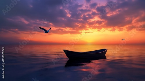 80.A 3D-rendered image featuring a lone boat silhouette drifting on a serene sea, with seagulls soaring gracefully in a twilight sky during sunset. The sky glows with rich shades of orange, purple, photo