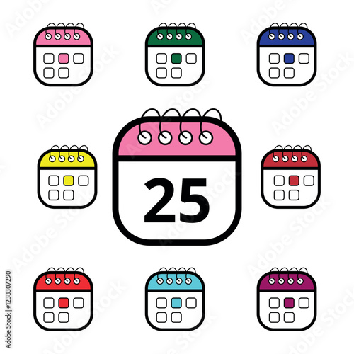 Collection of colorful calendar icons for websites and graphic resources, Calendar icon with specific day marked, day 25.