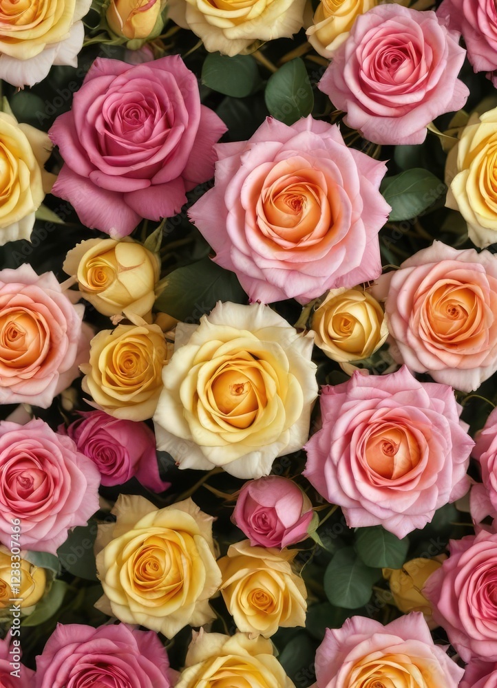 Pink and yellow roses arranged in a seamless pattern, bouquet, feminine, summer Pink and yellow roses arranged in a seamless pattern, bouquet, feminine, summer