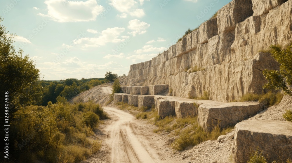Dirt road leads to a quarry with large, light beige stone blocks forming a terraced hillside under a partly cloudy sky. Dirt road leads to a quarry with large, light beige stone blocks forming a terraced hillside under a partly cloudy sky.