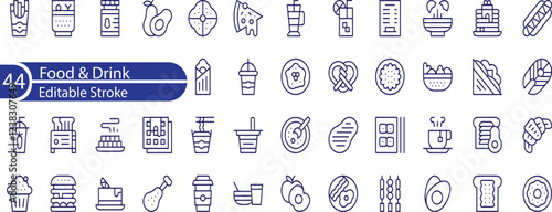 Food and Drink Line Editable Icons set. Vector illustration in thin line style of nutrition related icons. vegetables, fruits, desserts, meat, baked goods, drinks, and more.