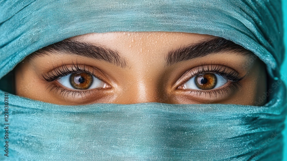 Naklejka premium Close-up of eyes framed by a teal scarf, conveying emotion and cultural identity.