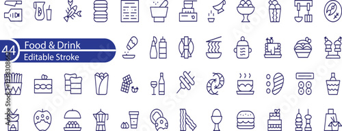 Food and Drink Line Editable Icons set. Vector illustration in thin line style of nutrition related icons. vegetables, fruits, desserts, meat, baked goods, drinks, and more.