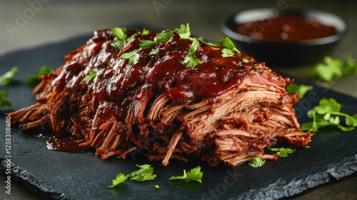 Homecook BBQ Pulled Pork Delight Backyard Food Photography Rustic Setting Close-Up Culinary Art