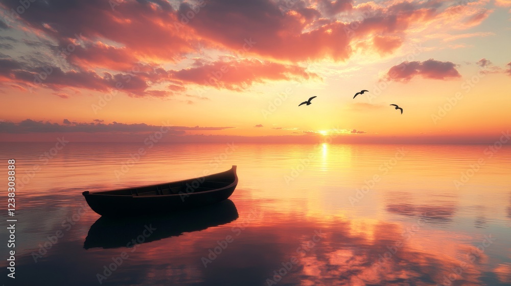 81.A 3D rendering of a boat floating on a glassy, calm sea, with a silhouette against a stunning sunset sky. The sky is filled with warm hues of orange and pink, with seagulls flying in the distance, 81.A 3D rendering of a boat floating on a glassy, calm sea, with a silhouette against a stunning sunset sky. The sky is filled with warm hues of orange and pink, with seagulls flying in the distance,