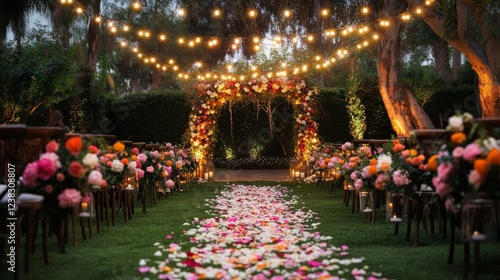 93.A picturesque wedding ceremony in a garden, surrounded by vibrant flowers and illuminated by hanging lights. The ceremony space is beautifully decorated with flowers, and the aisle is scattered