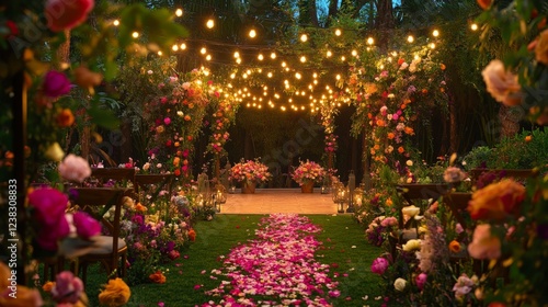 93.A picturesque wedding ceremony in a garden, surrounded by vibrant flowers and illuminated by hanging lights. The ceremony space is beautifully decorated with flowers, and the aisle is scattered
