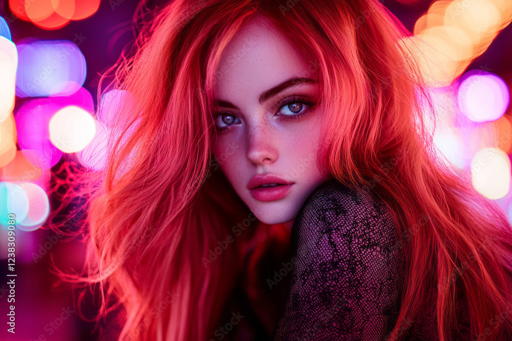 Fototapeta premium A mid-range portrait emphasizing the contrast between her bright hair and a faint, multi-colored bokeh from the cityâ€™s neon signs,