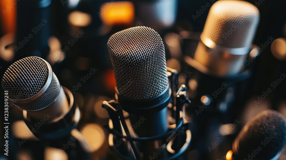 Obraz premium Close-up of different microphones on a table, highlighting their unique textures and designs.