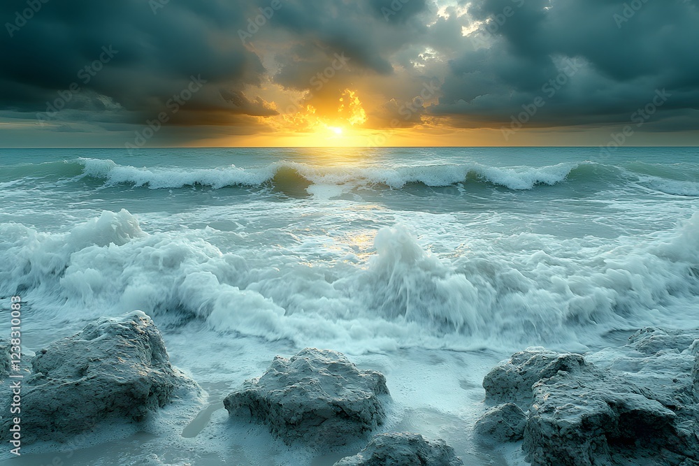 Fototapeta premium Dramatic Ocean Sunset Scene with Crashing Waves and Rocky Shoreline