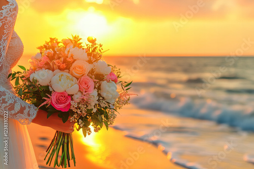 Romantic bride holding a pastel floral bouquet on a sandy beach at sunset, surrounded by golden light and gentle ocean waves, evoking themes of love, elegance, and timeless beauty for weddings photo