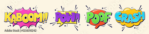 Set of speech bubbles Pow Kaboom Poof Crash and halftone elements. Vector color cartoon comic illustrations.