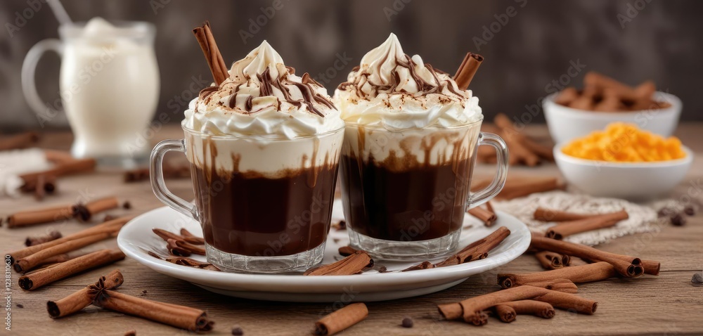 Rich dark brown liquid in a cup with whipped cream topping and fudge drizzle garnished with multiple sticks of cinnamon on the side, dark brown, whipped cream, hot chocolate Rich dark brown liquid in a cup with whipped cream topping and fudge drizzle garnished with multiple sticks of cinnamon on the side, dark brown, whipped cream, hot chocolate
