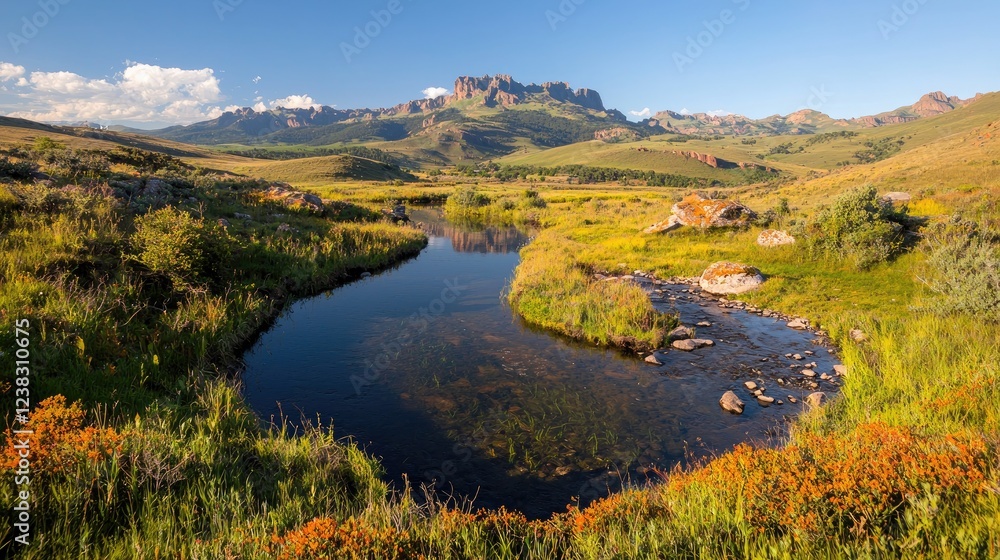 Serene mountain stream, wildflowers, valley. Peaceful nature landscape, travel photography Serene mountain stream, wildflowers, valley. Peaceful nature landscape, travel photography