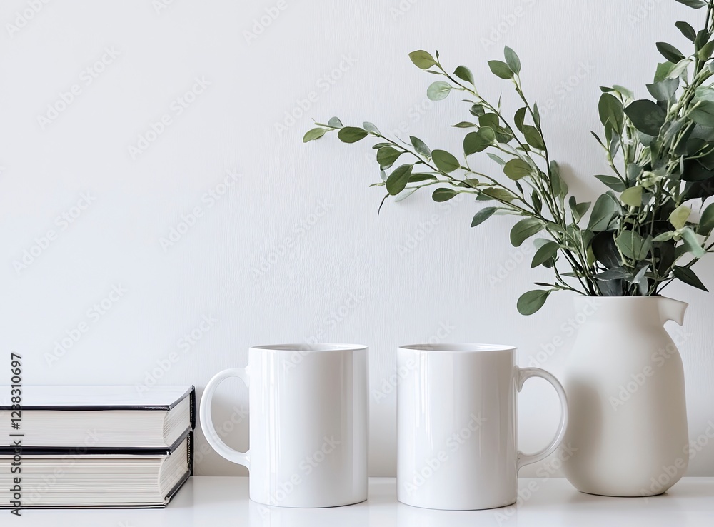 Two white coffee mugs mockup, one mug on top of a book and the other behind it on a table with a green plant in a vase, neutral background, minimalist style Two white coffee mugs mockup, one mug on top of a book and the other behind it on a table with a green plant in a vase, neutral background, minimalist style