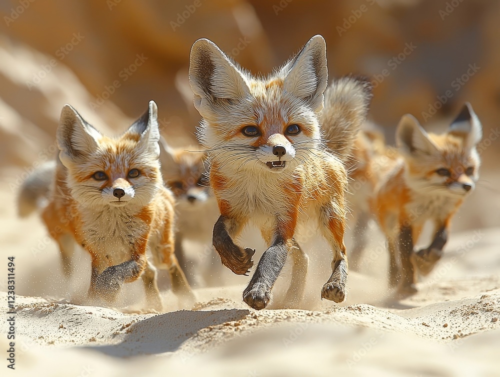 Fototapeta premium Fennec Foxes and Scarab Beetles Traversing the Vast Desert Dunes Under Blazing Sun