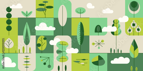 Geometric abstract natural green background with trees in tile, contemporary botanical poster, horizontal garden banner