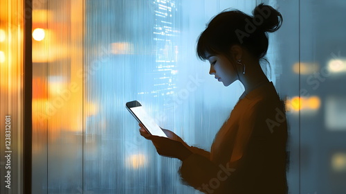 Lady watching in the screen of the smartphone, browsing social media, reading messages, checking notifications, engaging in online shopping, video calling,chatting, modern technology-driven lifestyle. photo