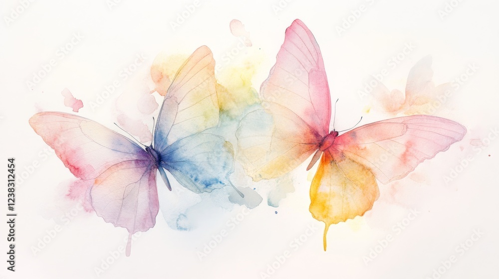 34.A series of watercolor butterflies in motion, with delicate wings painted in shades of soft pink, pale yellow, and light blue. The butterflies are captured in mid-flight, with each one painted in 34.A series of watercolor butterflies in motion, with delicate wings painted in shades of soft pink, pale yellow, and light blue. The butterflies are captured in mid-flight, with each one painted in