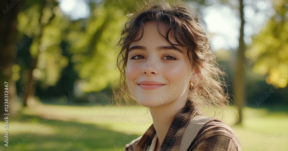 Young Woman Smiling in a Sunlit Park, Natural Beauty. Generative AI. Young Woman Smiling in a Sunlit Park, Natural Beauty. Generative AI.