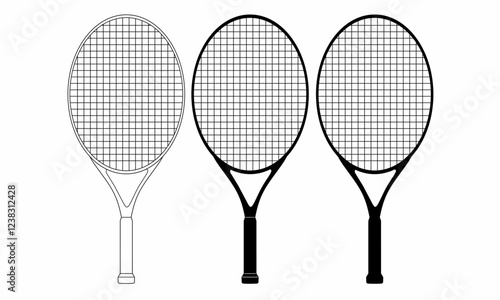 set of tennis racket outline icons in various styles. Ideal for sports logos, tournaments, equipment stores, and vector illustrations.