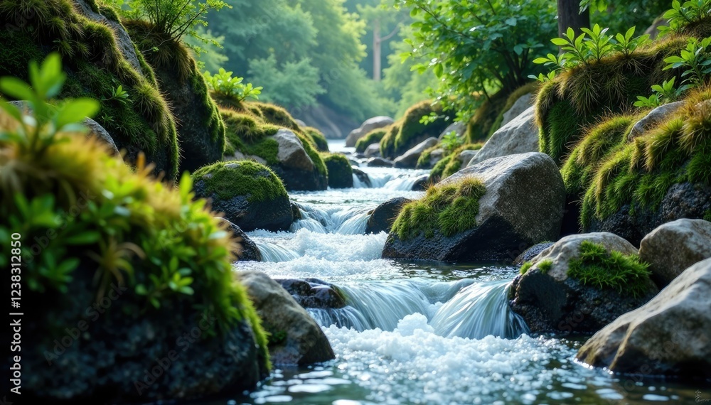 serpentine water flows gently through mossy rocks, landscape, mountain, nature