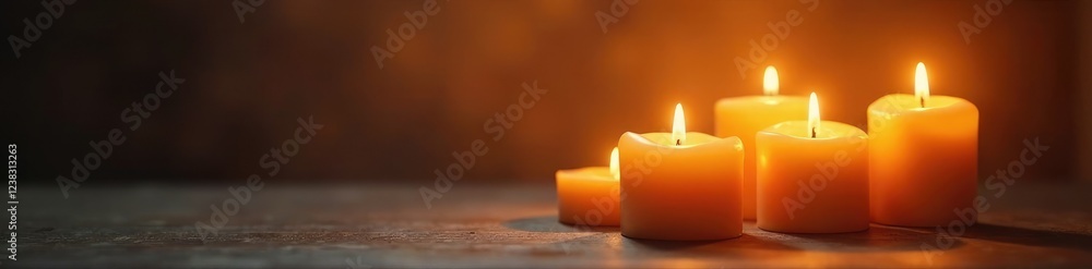 Soft golden light from above illuminates candles, soft, warm, glow Soft golden light from above illuminates candles, soft, warm, glow