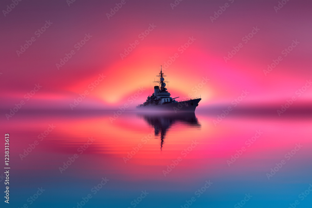 A balanced composition of a lone warship reflecting on still evening water, the sun’s final rays forming halos of color around the horizon, A balanced composition of a lone warship reflecting on still evening water, the sun’s final rays forming halos of color around the horizon,