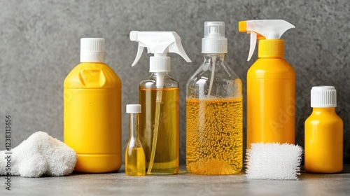 Wallpaper Mural A collection of yellow cleaning products and tools arranged on a gray surface. Torontodigital.ca