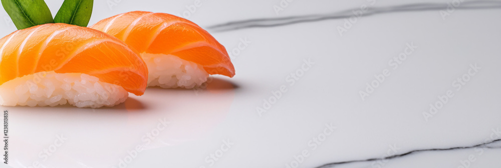A minimalist perspective focusing on the radiant orange hue of salmon nigiri, with vibrant garnishes set against a polished marble slab, A minimalist perspective focusing on the radiant orange hue of salmon nigiri, with vibrant garnishes set against a polished marble slab,