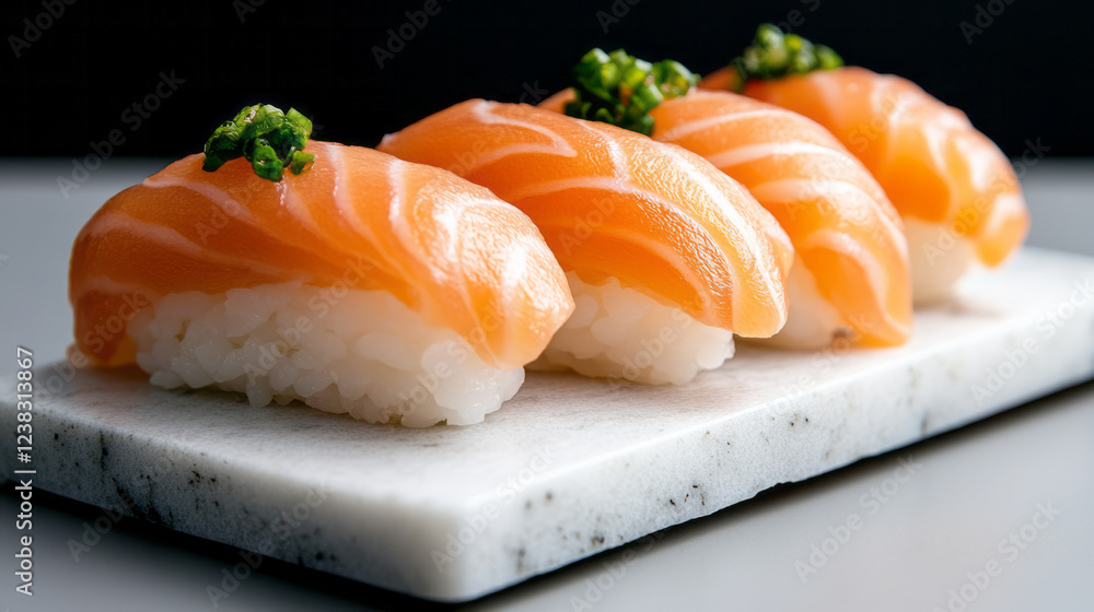 A side-angle image capturing the layered salmon nigiri’s cut detail and maki rolls, framed by subtle garnish highlights on pristine marble, A side-angle image capturing the layered salmon nigiri’s cut detail and maki rolls, framed by subtle garnish highlights on pristine marble,