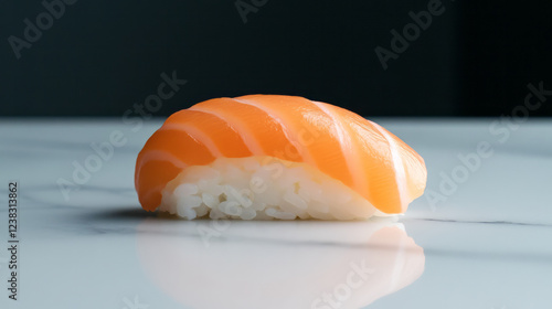 A side-angle image capturing the layered salmon nigiriâ€™s cut detail and maki rolls, framed by subtle garnish highlights on pristine marble, photo