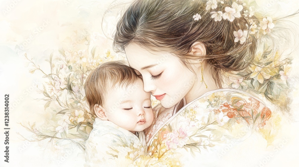 Japanese Mother and Baby in Kimono Surrounded by Blossoms Japanese Mother and Baby in Kimono Surrounded by Blossoms