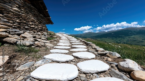 Wallpaper Mural A winding stone path leads up a hillside, framed by a clear blue sky and distant mountains. Torontodigital.ca